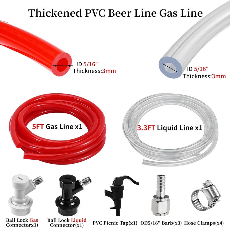 WELLBOM 3FT 5/16 Beer Line Tubing & 5FT 5/16 CO2 Gas Line & 1Pair Ball Lock Keg Connectors & 1 Picnic Tap,Cuttable PVC Draft Beer Kegerator Line CO2 Regulator Gas Line Barb Fitting Hose Clamps Kegerator Parts - Image 2